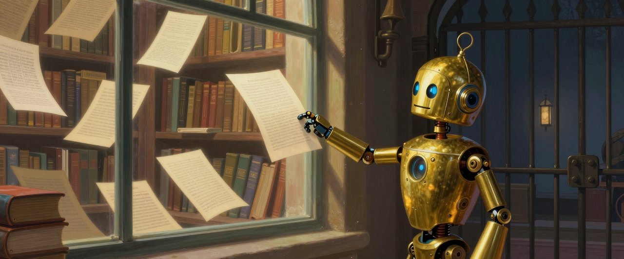 A brass robot reaching through a lit library window for a single glowing page, past a locked iron gate