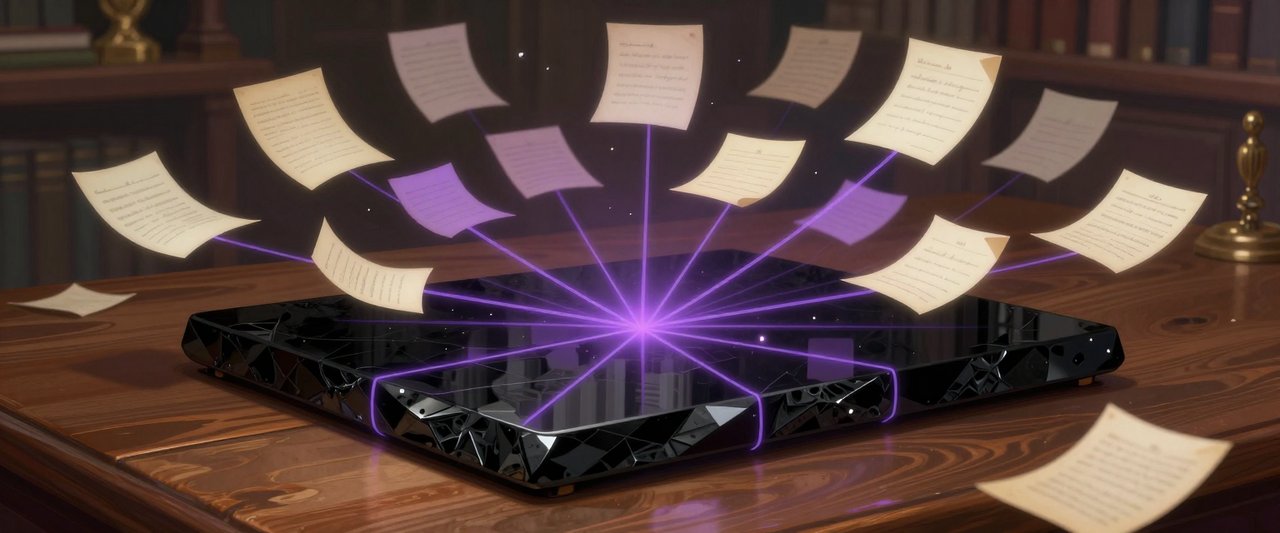 A polished black obsidian slab lying on a scholar's wooden desk, glowing violet threads linking dozens of floating parchment notes into a web above it