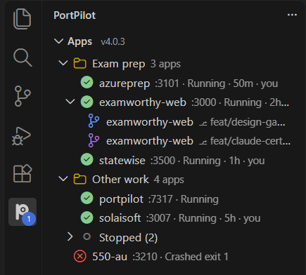 Apps view with running apps first, a crashed app and stopped apps folded
