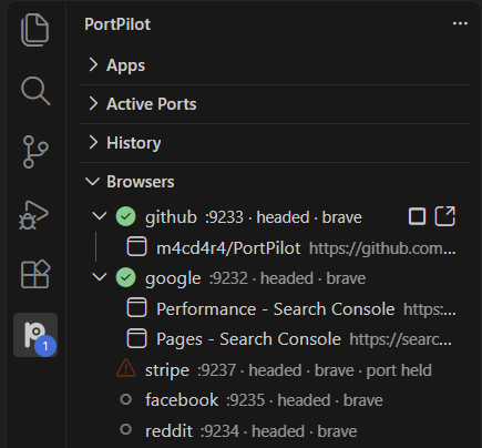 Browsers view: running profiles expanded to their open tabs, a port held by another process, stopped profiles