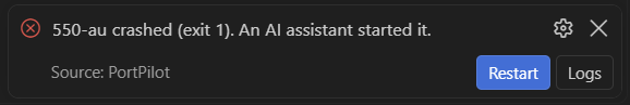 Crash toast: 550-au crashed (exit 1). An AI assistant started it. With Restart and Logs buttons