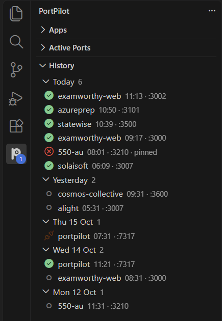 History view: pages grouped by day, with running, stopped, crashed and ended-unseen icons and a pinned run