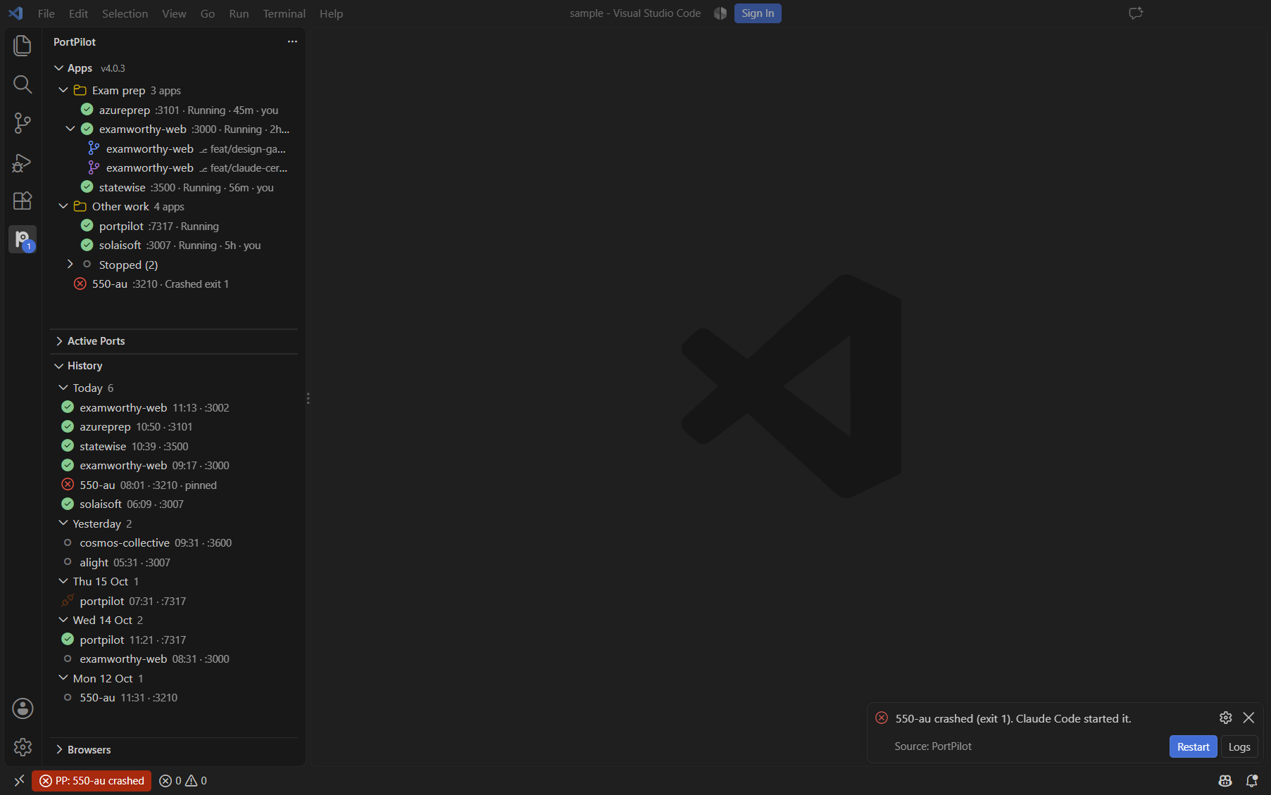 PortPilot sidebar in VS Code: apps grouped with running first, a crashed app, the History list below, the badge on the activity bar and a crash toast