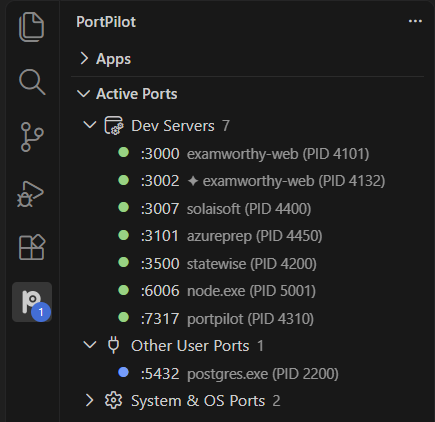 Active Ports listing app names, with a star on the ports Claude Code started