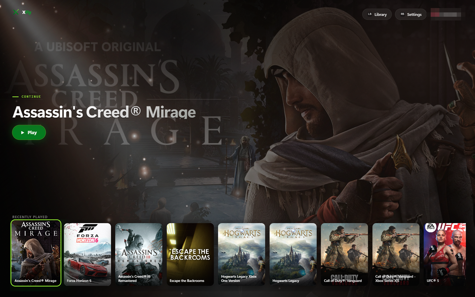 XFly home screen showing the last played game full-bleed with a Play button