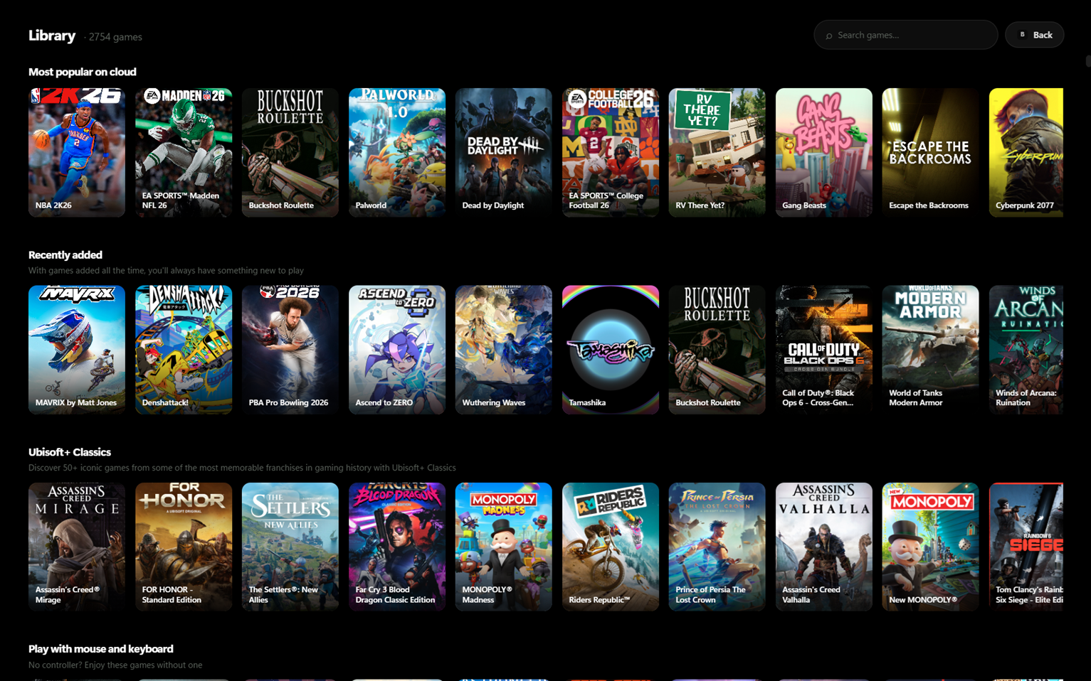 XFly library screen showing rows of Xbox Game Pass cloud games