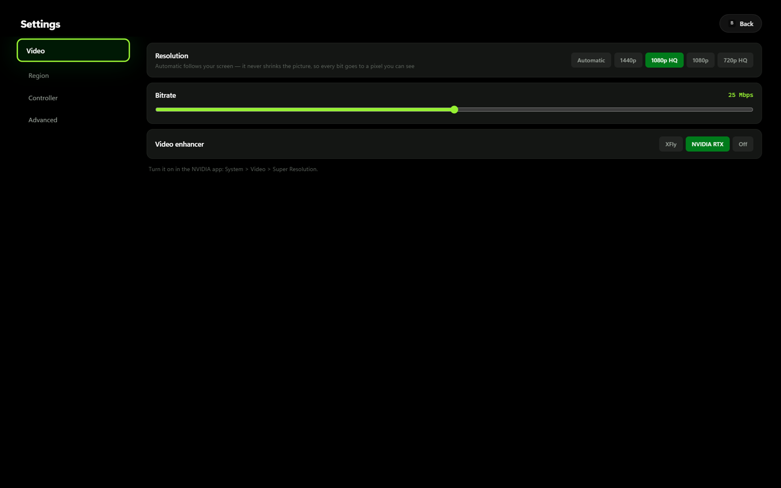 XFly settings screen showing resolution, bitrate and video enhancer options