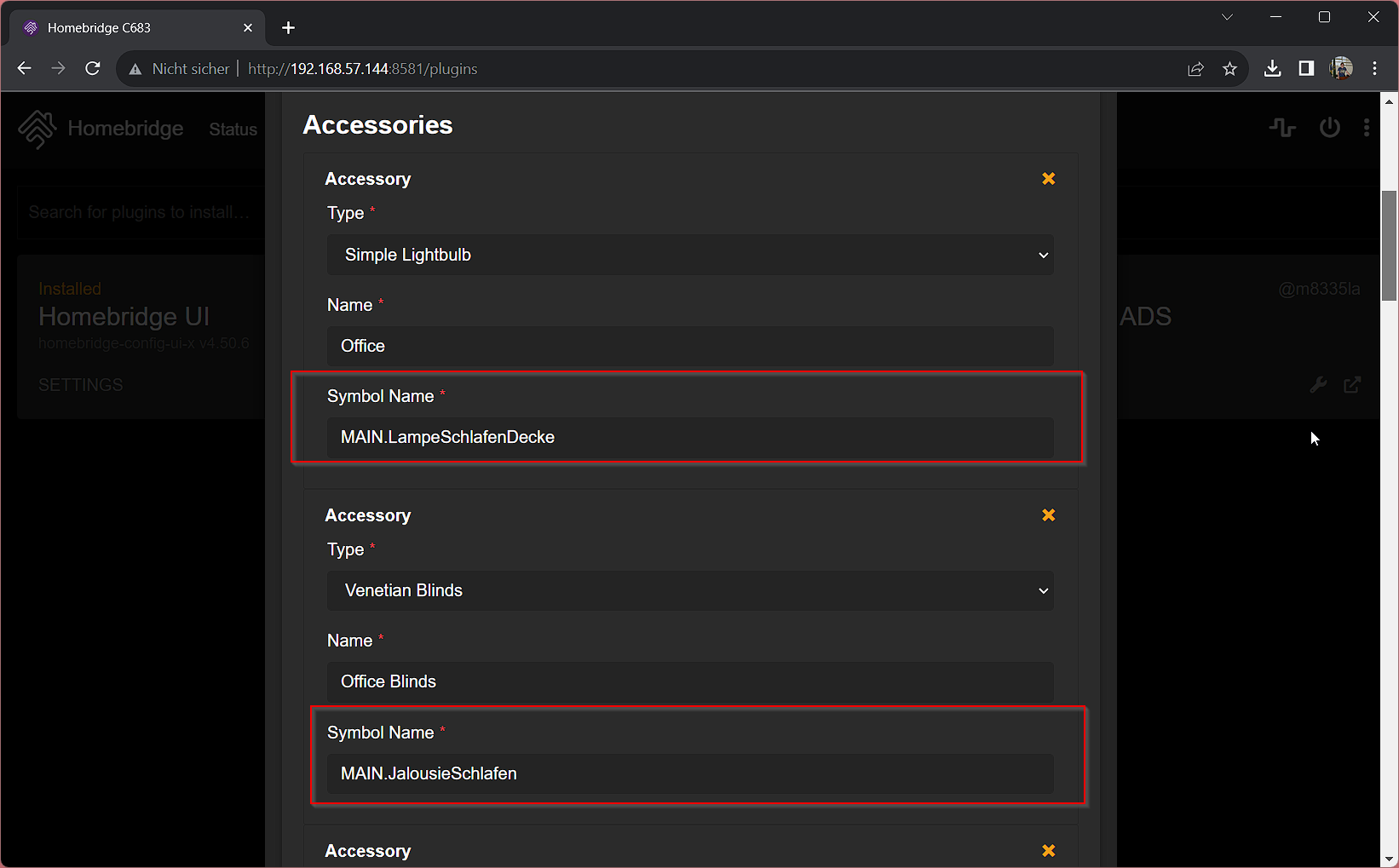 Screenshot of Homebridge UI showing this plugin's configuration.