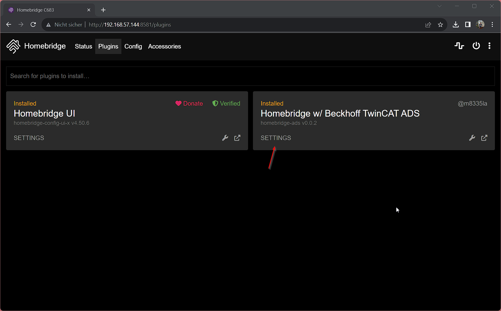 Screenshot of Homebridge UI with homebridge-ads plugin installed successfully.