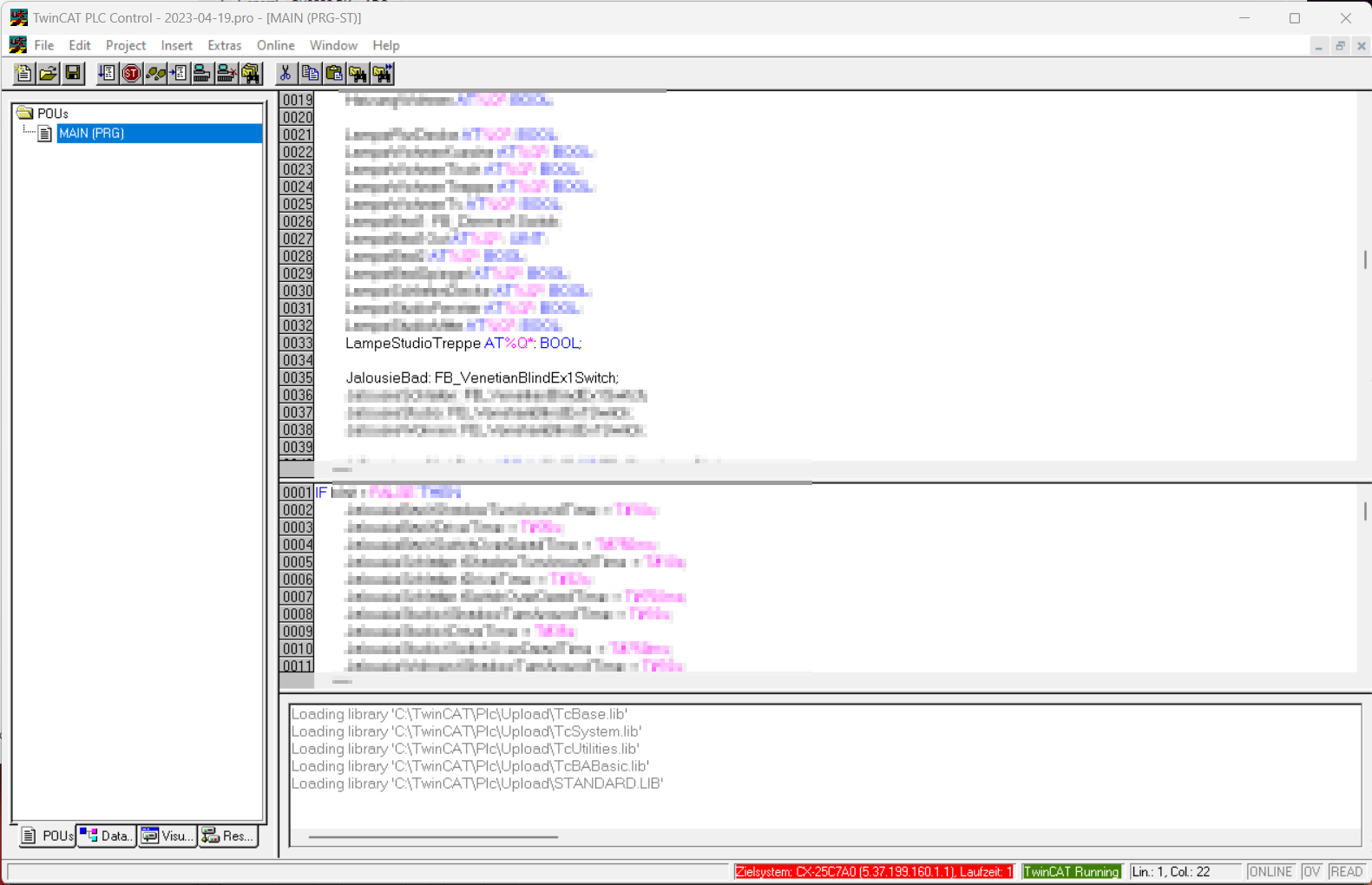 Screenshot of TwinCAT PLC Control showing defined variables.