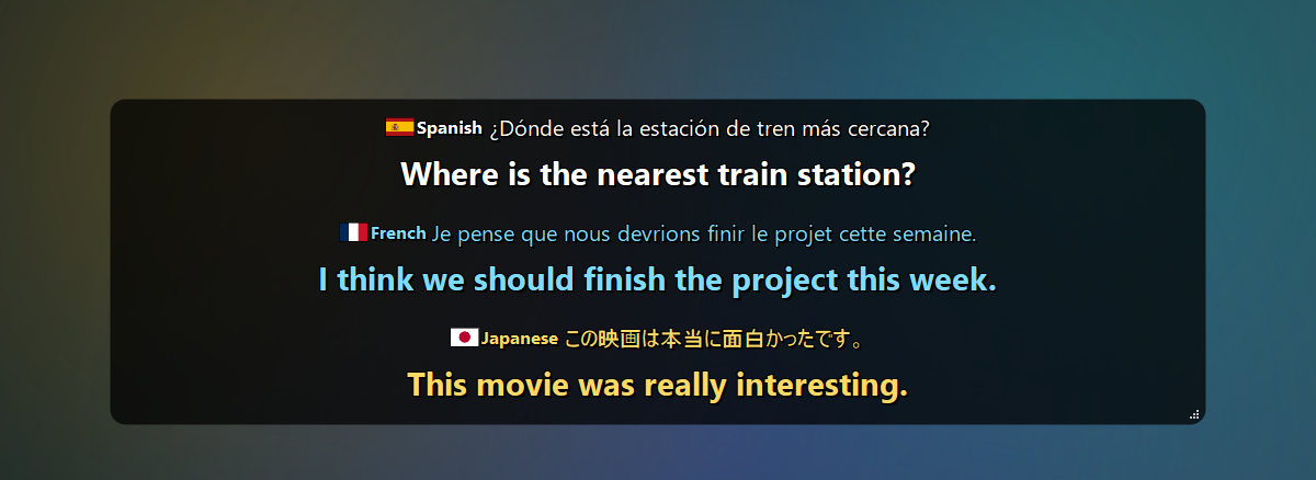 Spanish, French and Japanese captioned in English