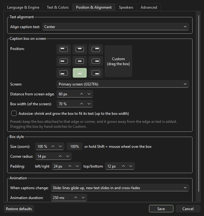Position, alignment and animation settings