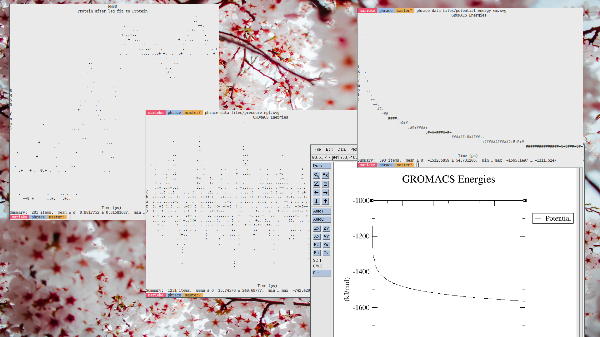 A bunch of terminal windows showing the tool in action. A Grace window is also shown displaying the same (energy minimization) potential energy data as the terminal that sits above it, for comparison.