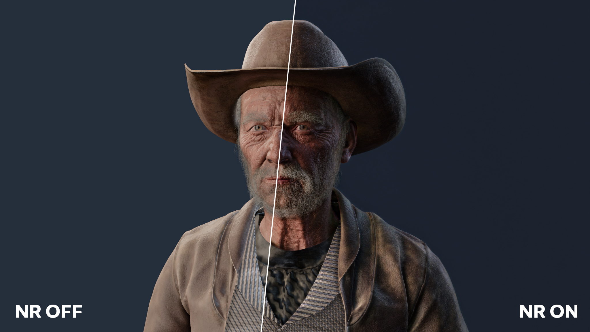 The same frame with neural rendering off (left) and on (right)