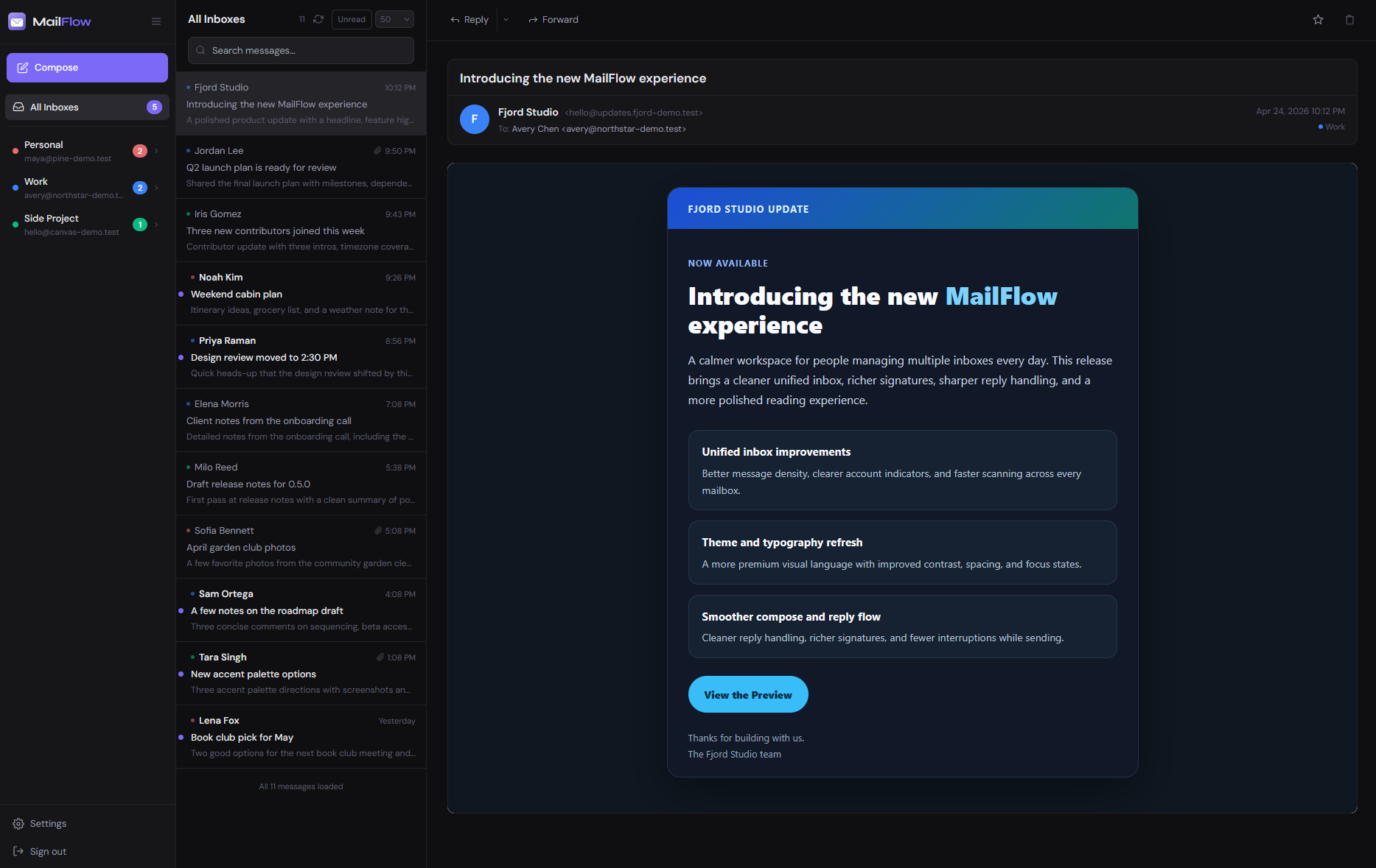 MailFlow default dark theme