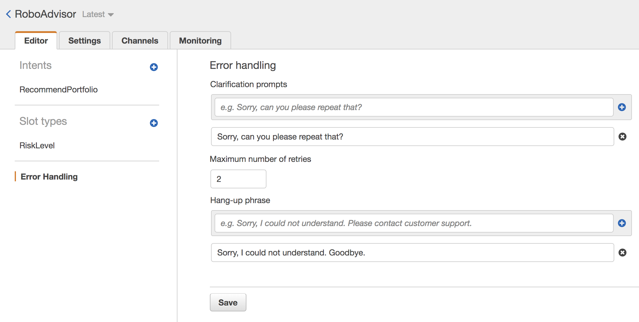 Error handling configuration