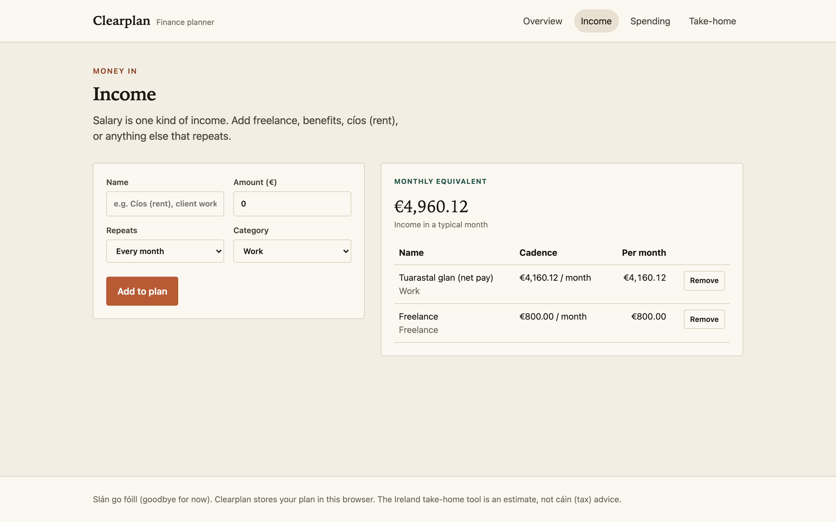 Income page with net pay and freelance on the plan