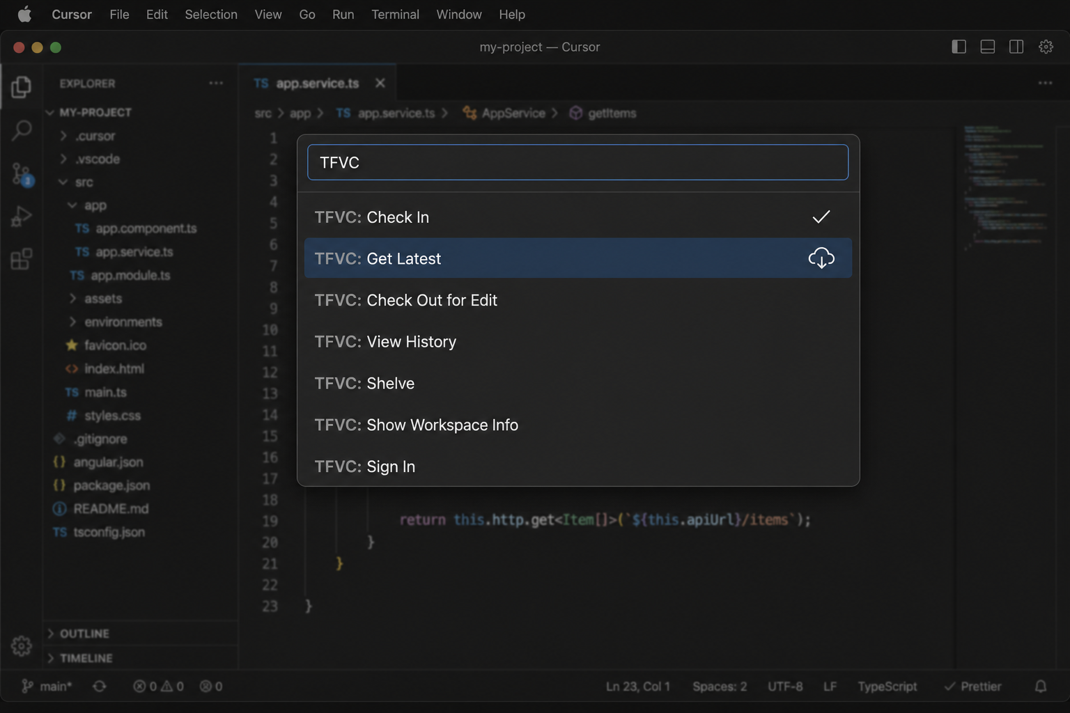 TFVC commands in the Cursor command palette
