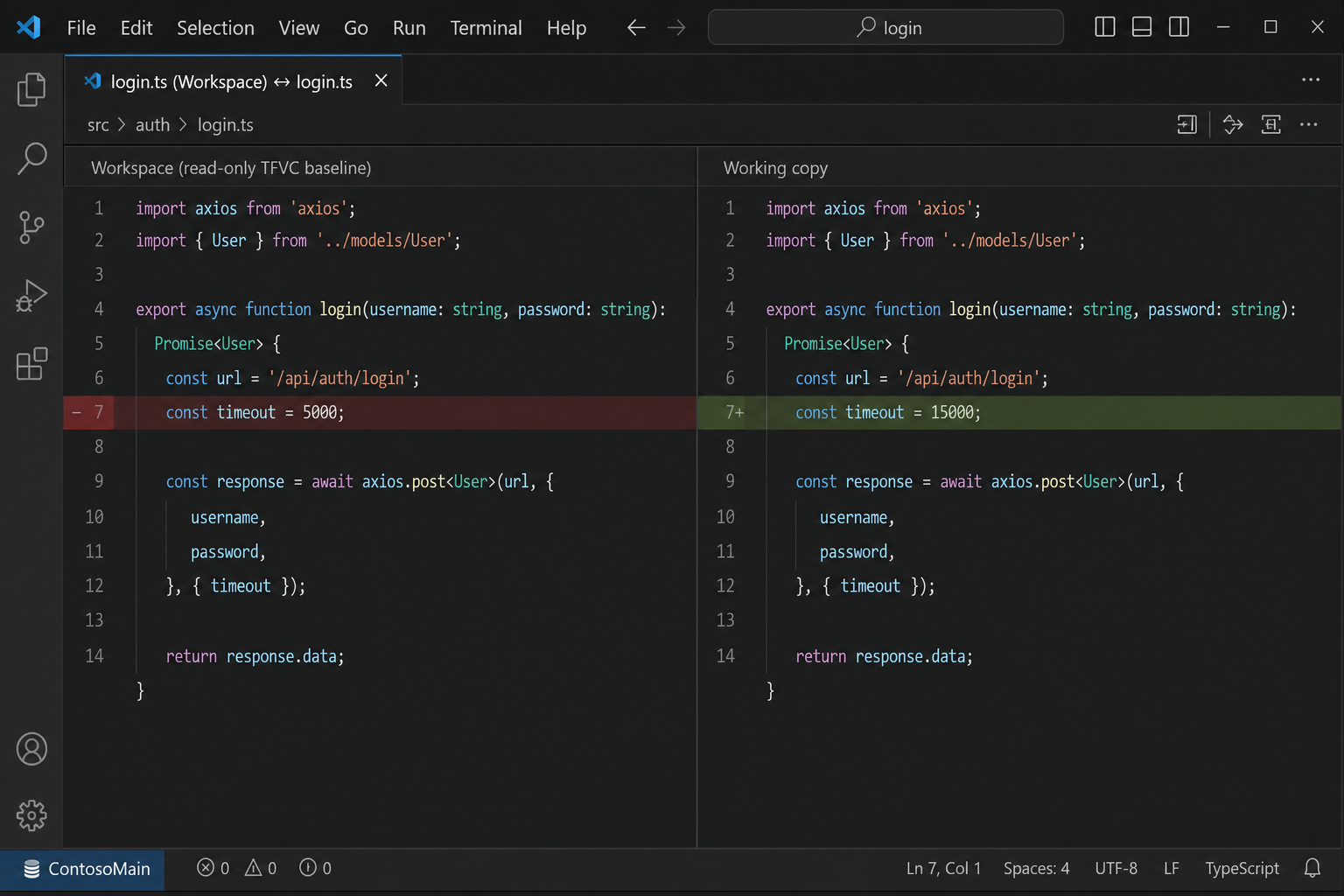 Side-by-side diff of a file against the TFVC workspace version