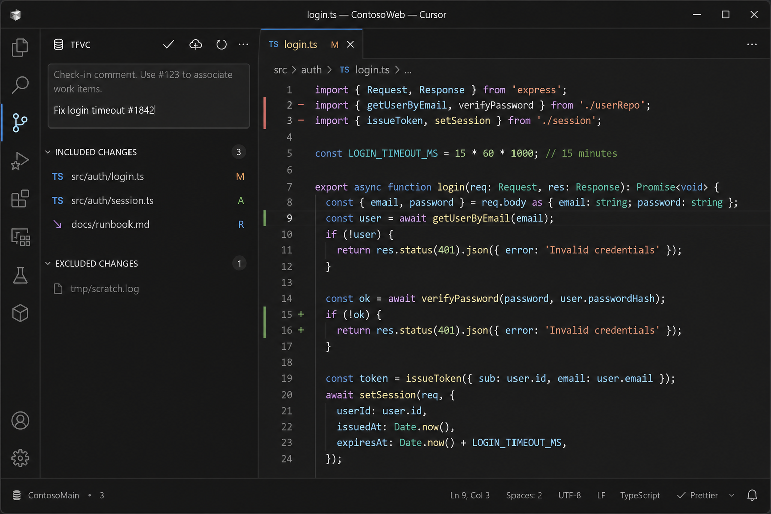 Pending changes, check-in comment, and workspace status in Cursor