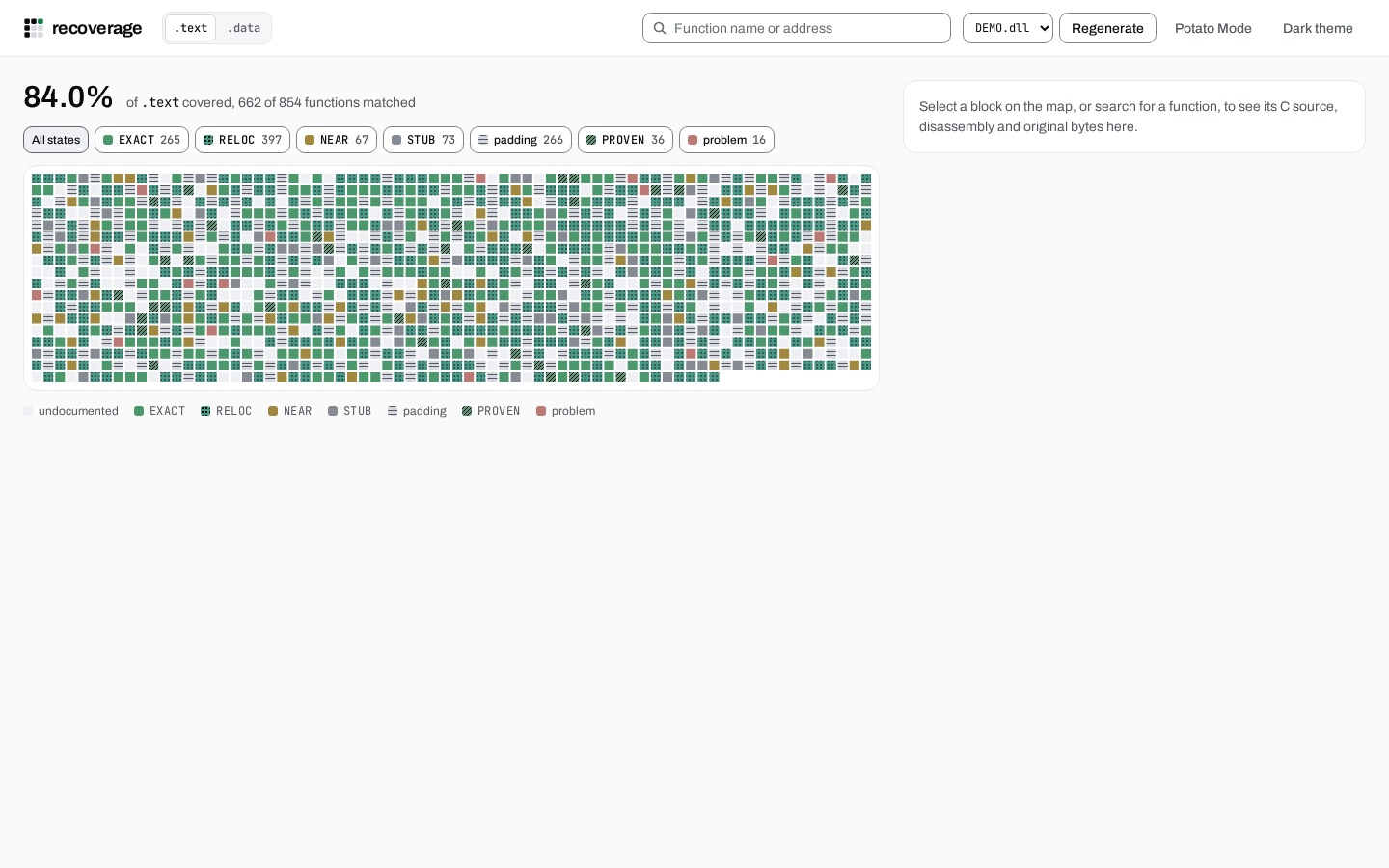 Main dashboard, the coverage grid with section tabs and filter buttons