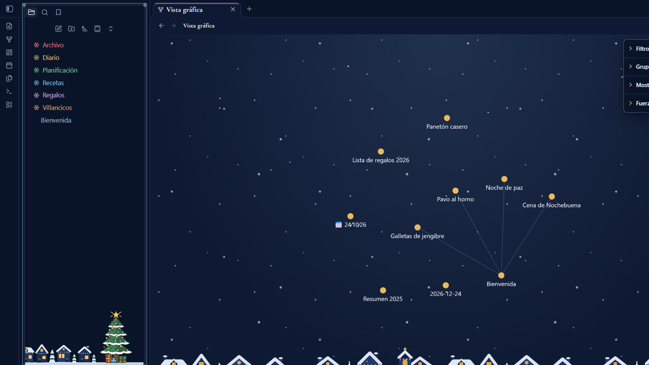 Snowy Eve — graph view, dark mode