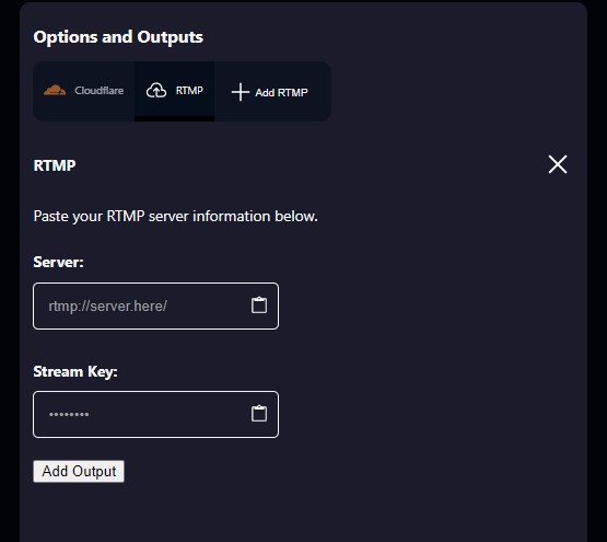 Screenshot of add RTMP menu