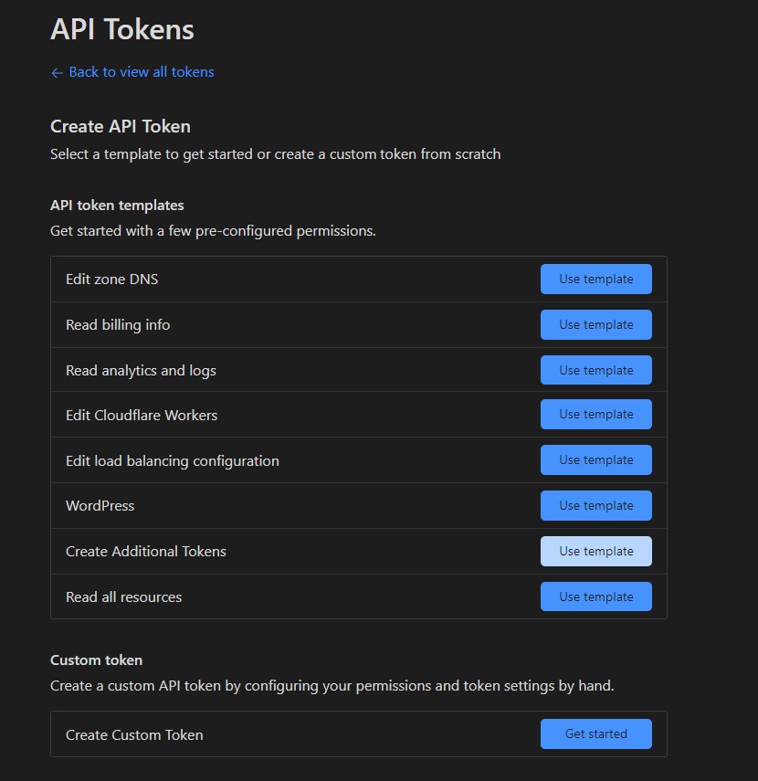 Screenshot of Cloudflare's token dashboard