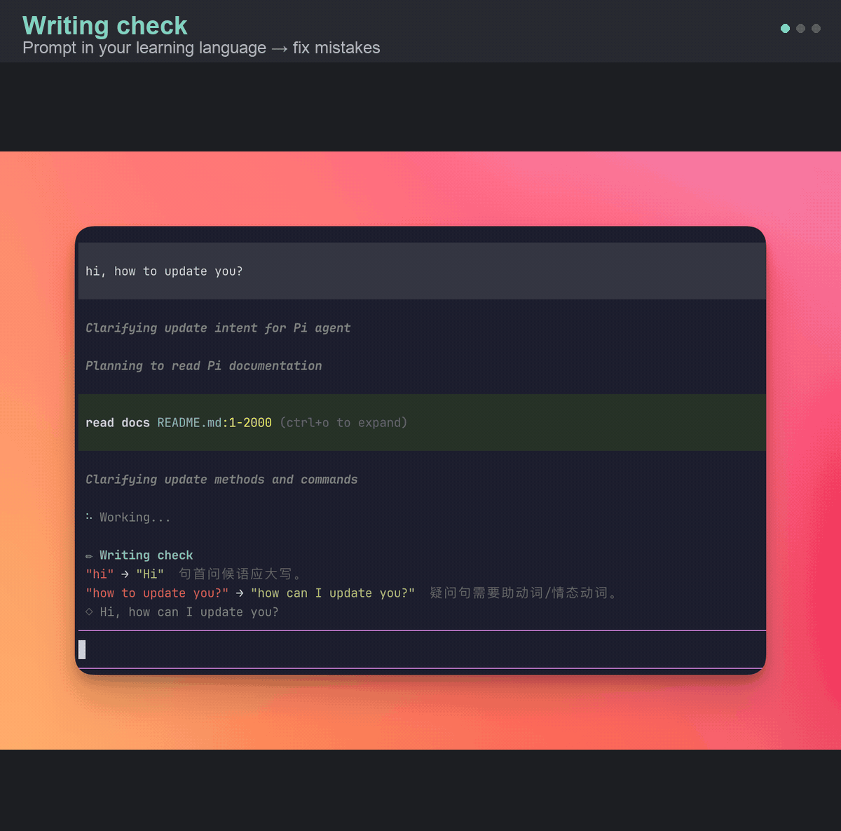 Demo: Writing check, Writing tutor, and bilingual translation panels