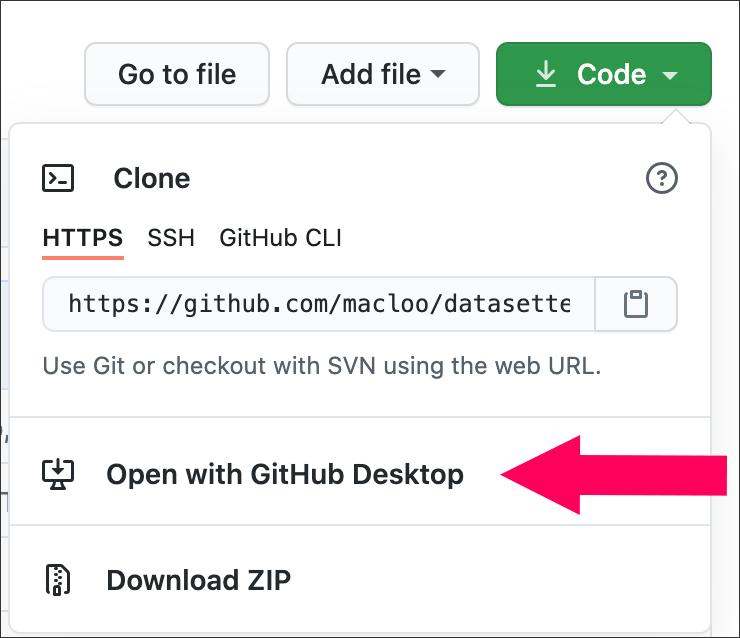 Click the Code button and click Open with GitHub Desktop
