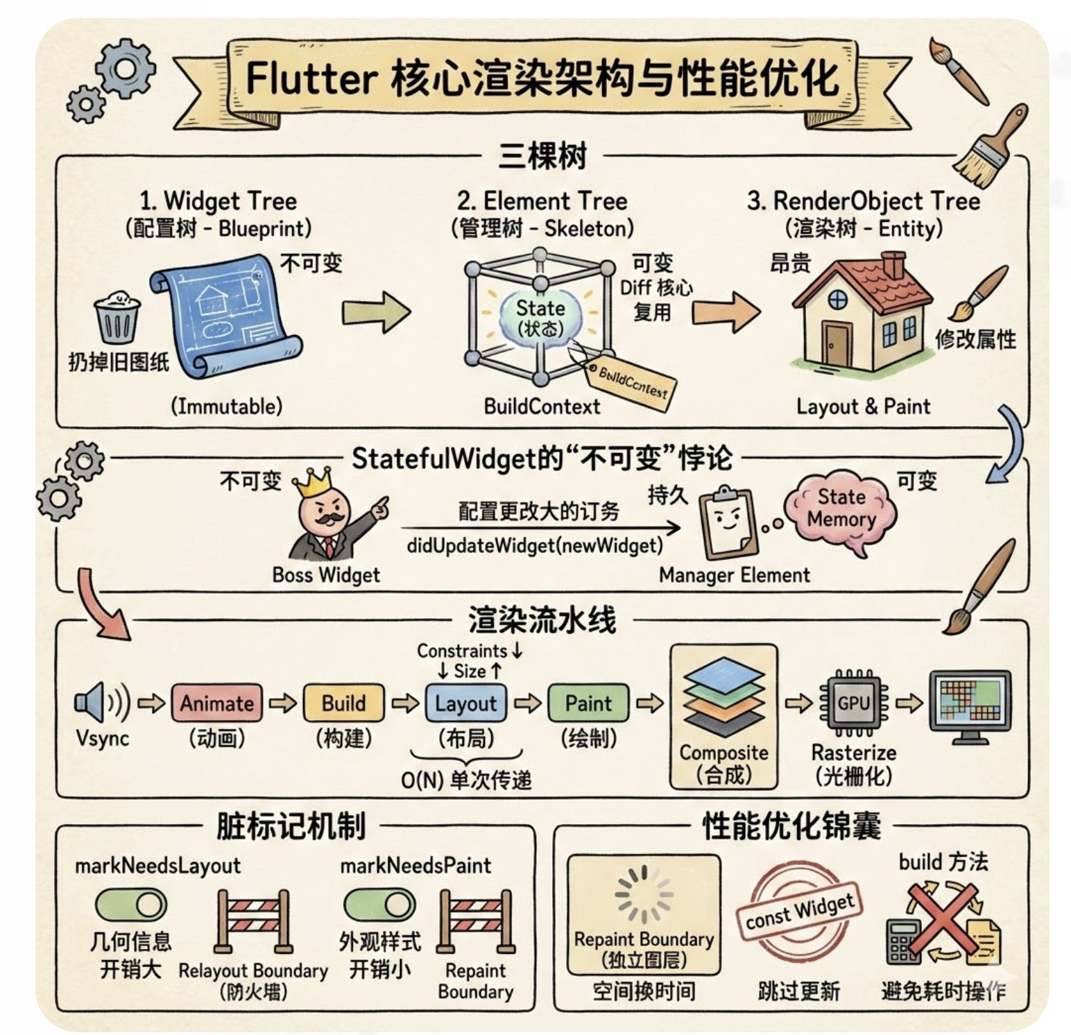 揭秘 Flutter 高性能核心：三棵树、渲染流水线与性能优化指南