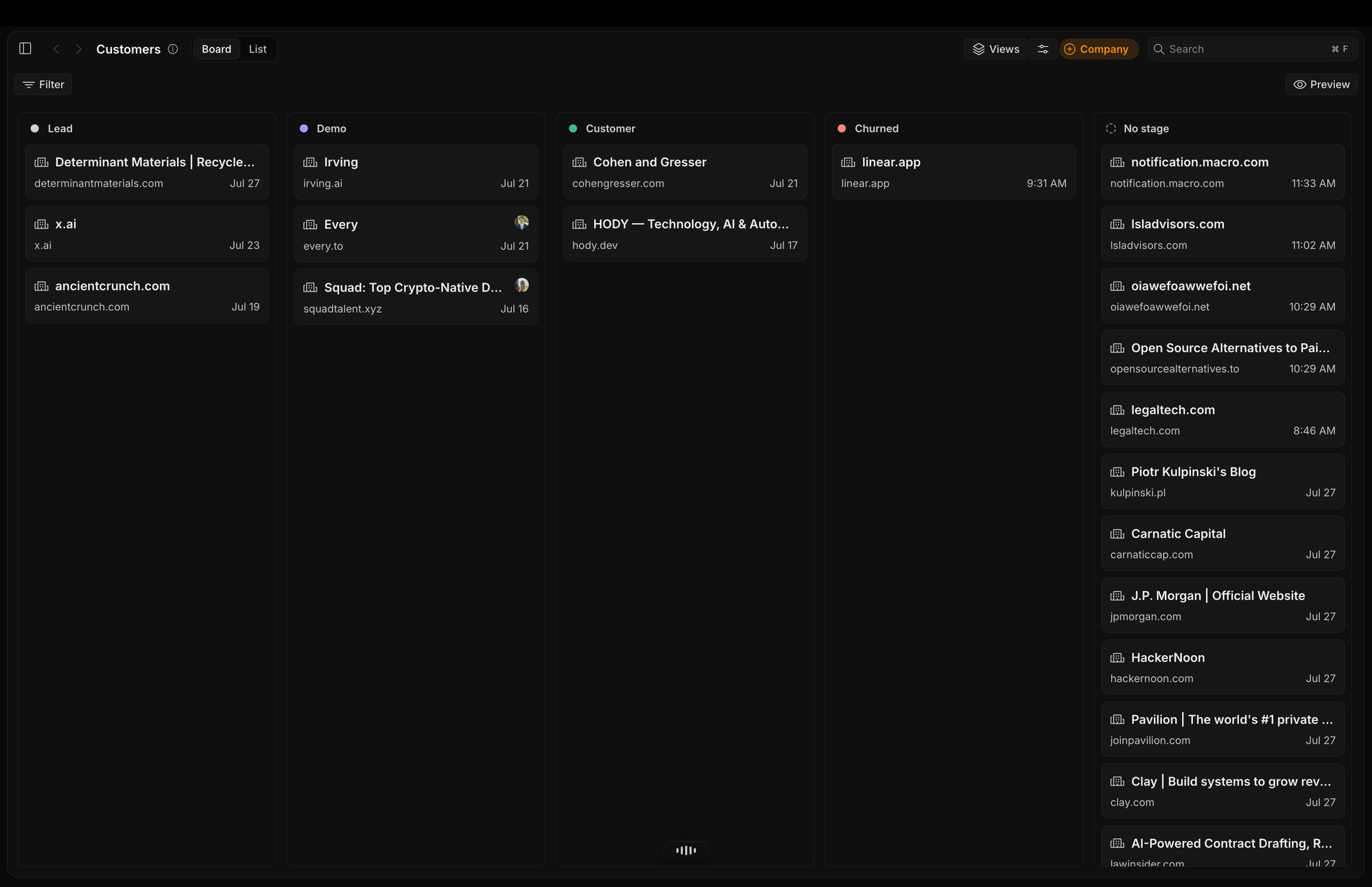Macro CRM board grouped by pipeline stage
