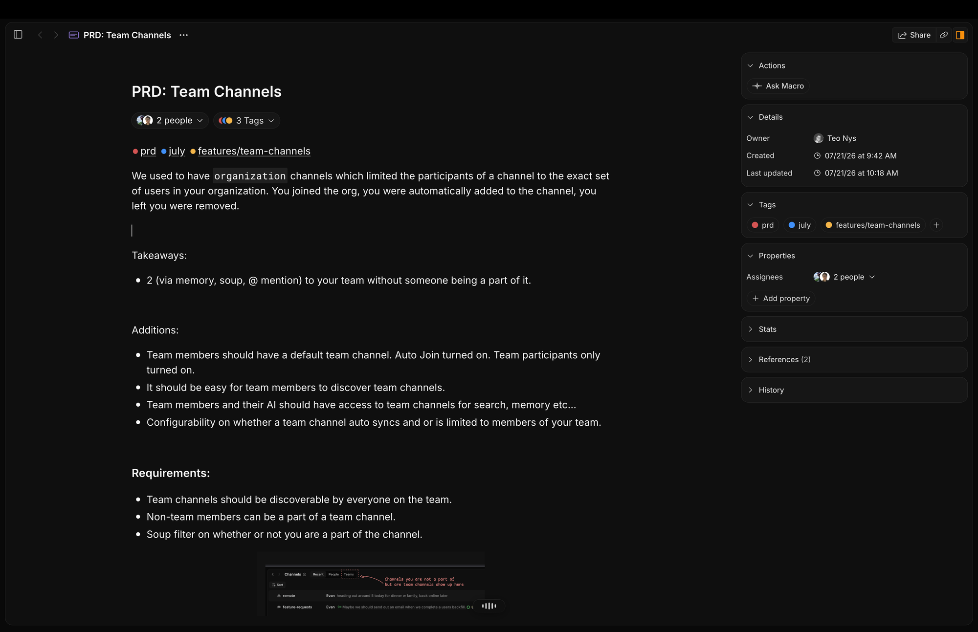 A PRD in Macro with tags, assignees, properties, and references