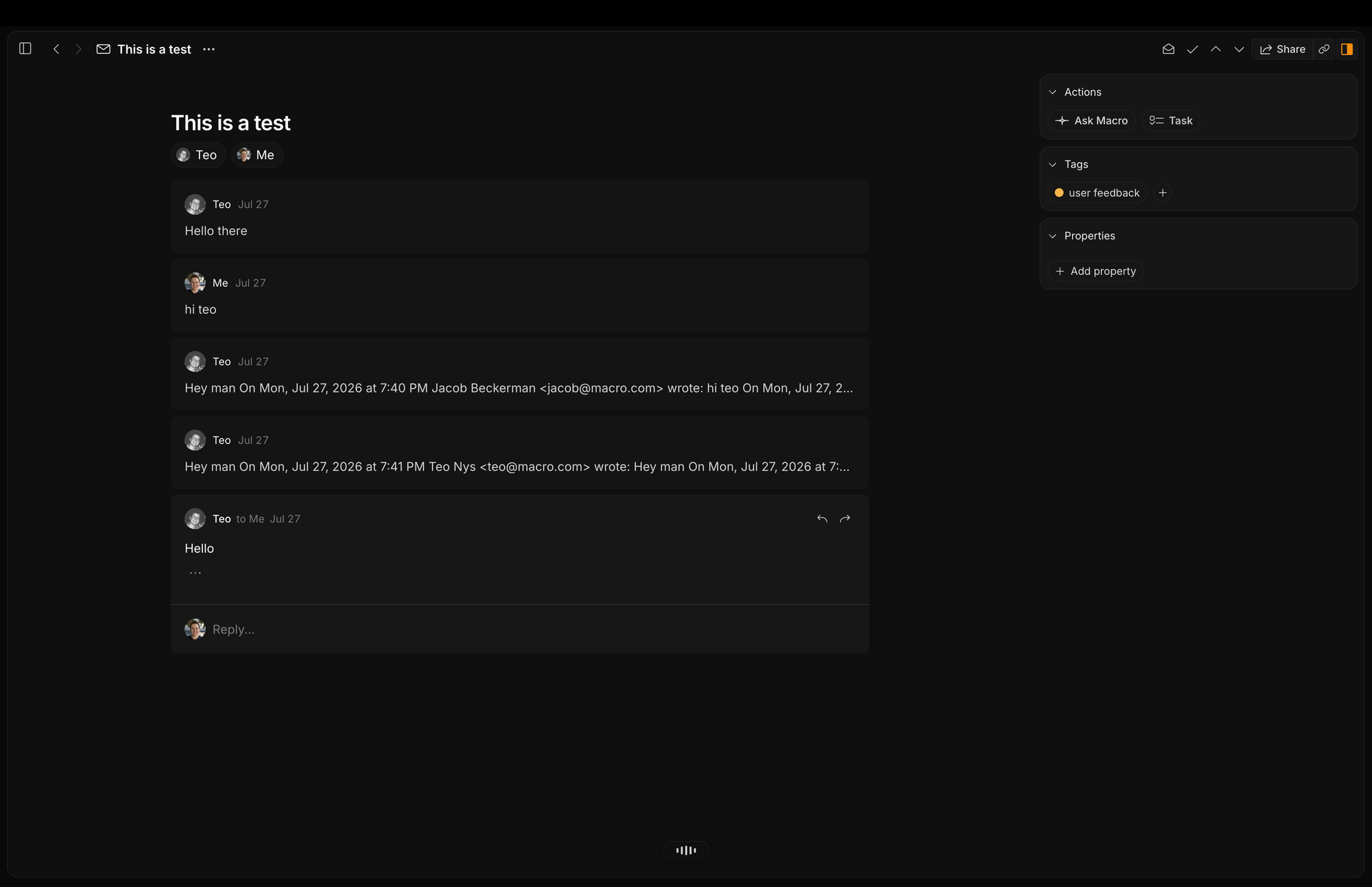 Macro email thread with actions, tags, and properties in the sidebar