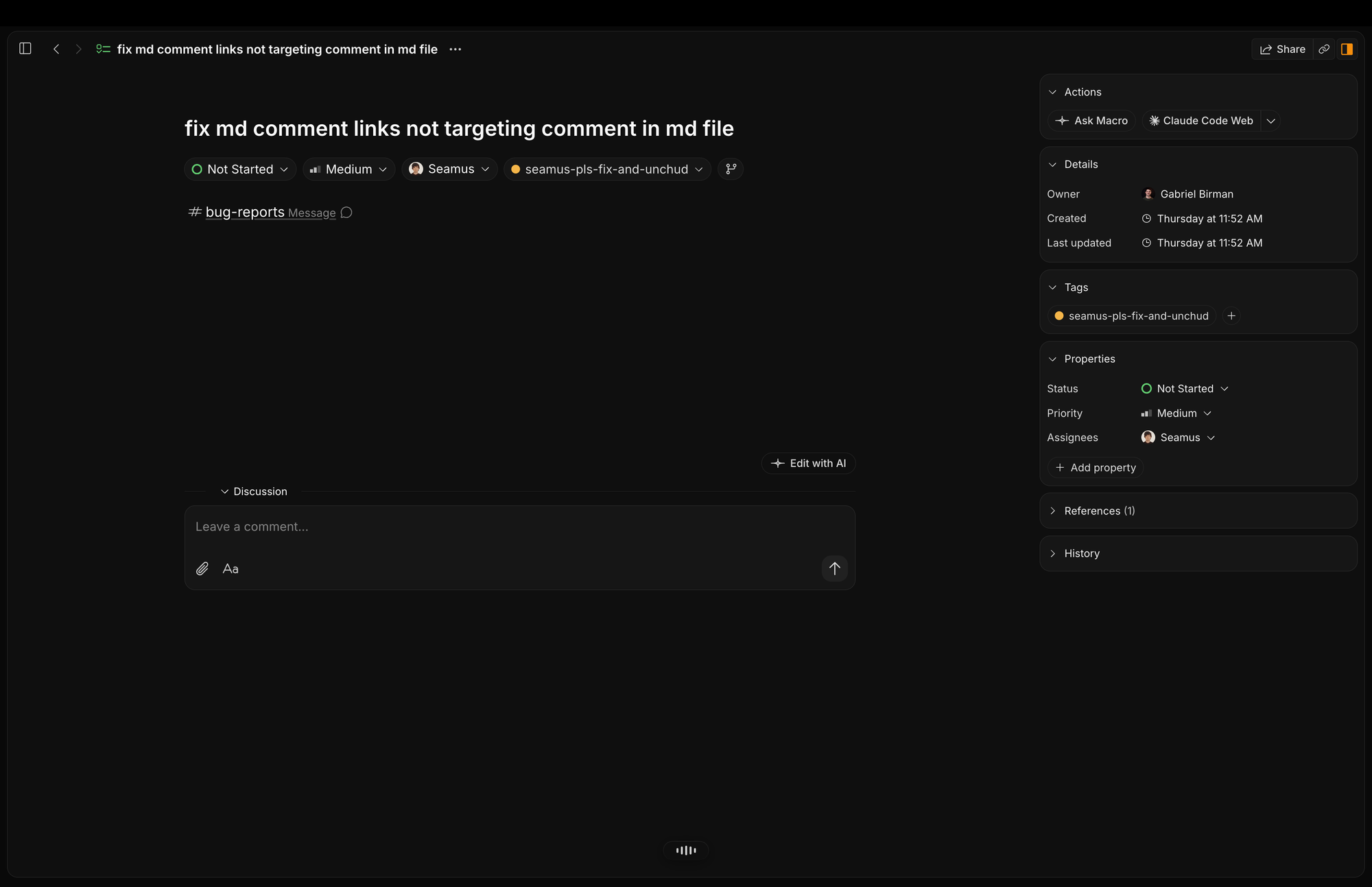 A Macro task being handed off to a coding agent, with a linked branch