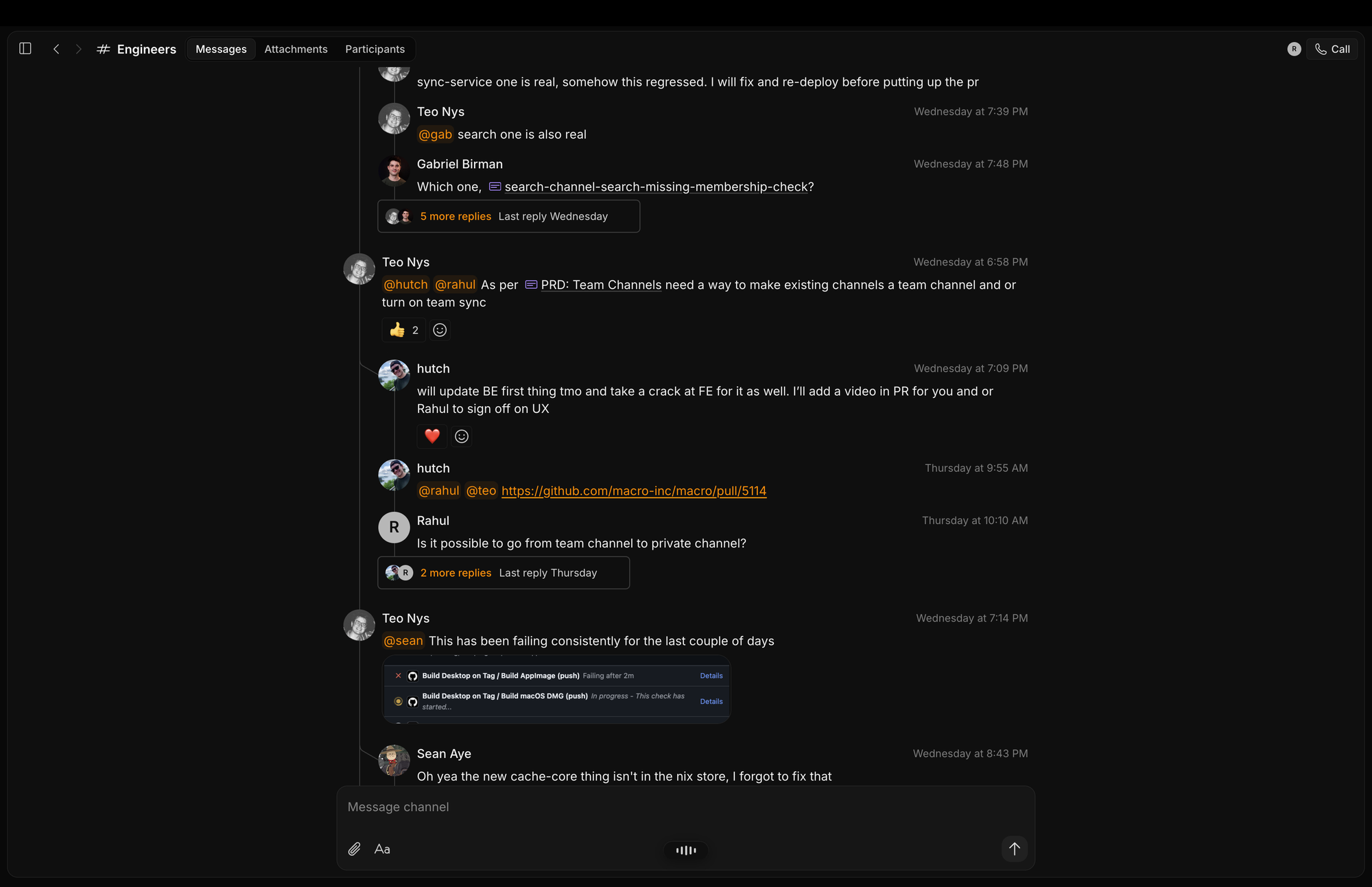 Macro #Engineers channel with threads, mentions, and an inline GitHub check