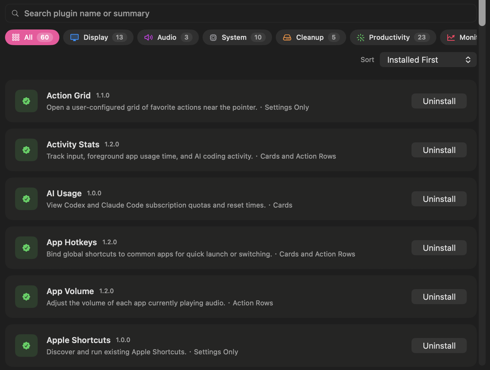 MacTools plugin marketplace with category filters and installed plugins