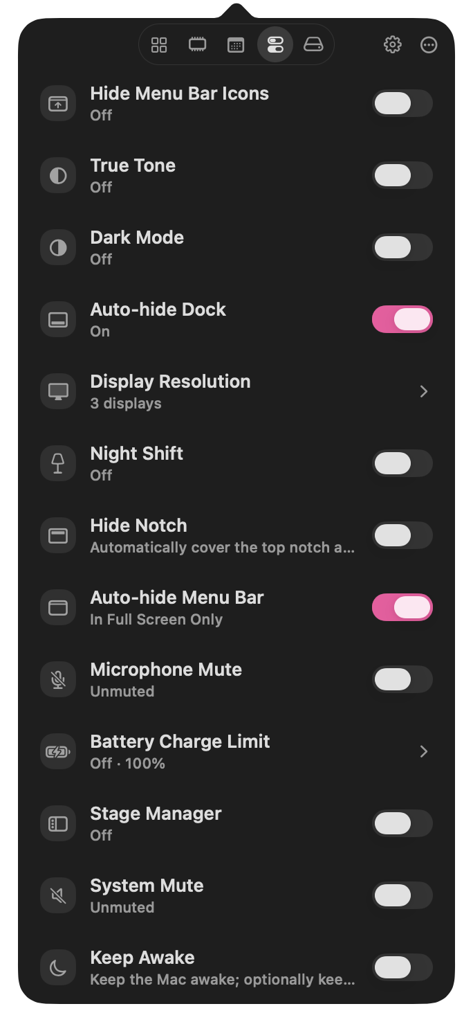Quick controls for displays, appearance, audio, and power