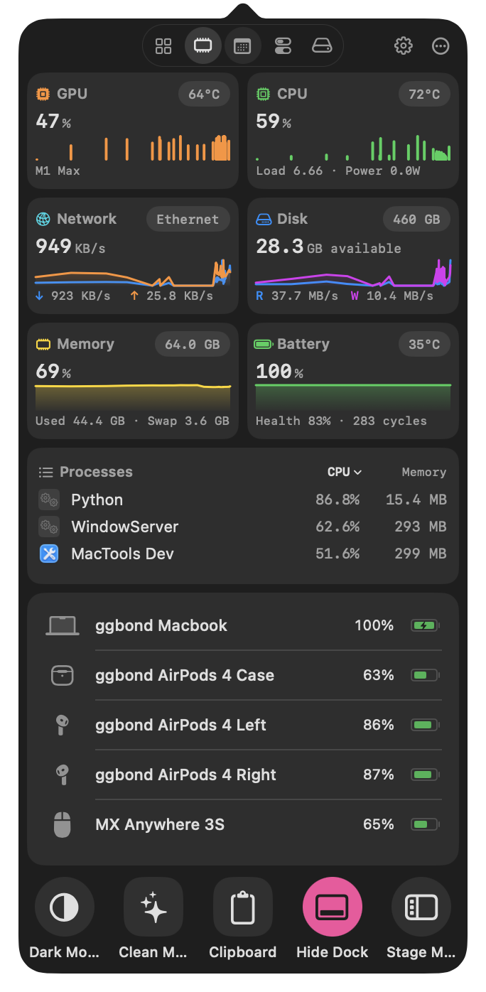 System status panel with live metrics, processes, device batteries, and quick controls