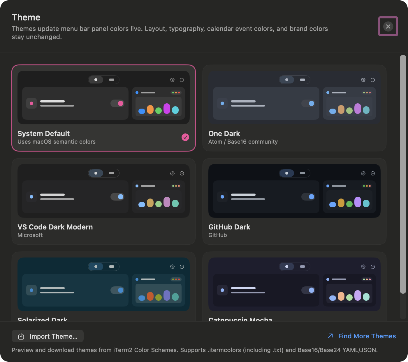 Dark theme gallery with System Default, One Dark, GitHub Dark, and other palettes