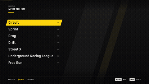 Quick Race menus