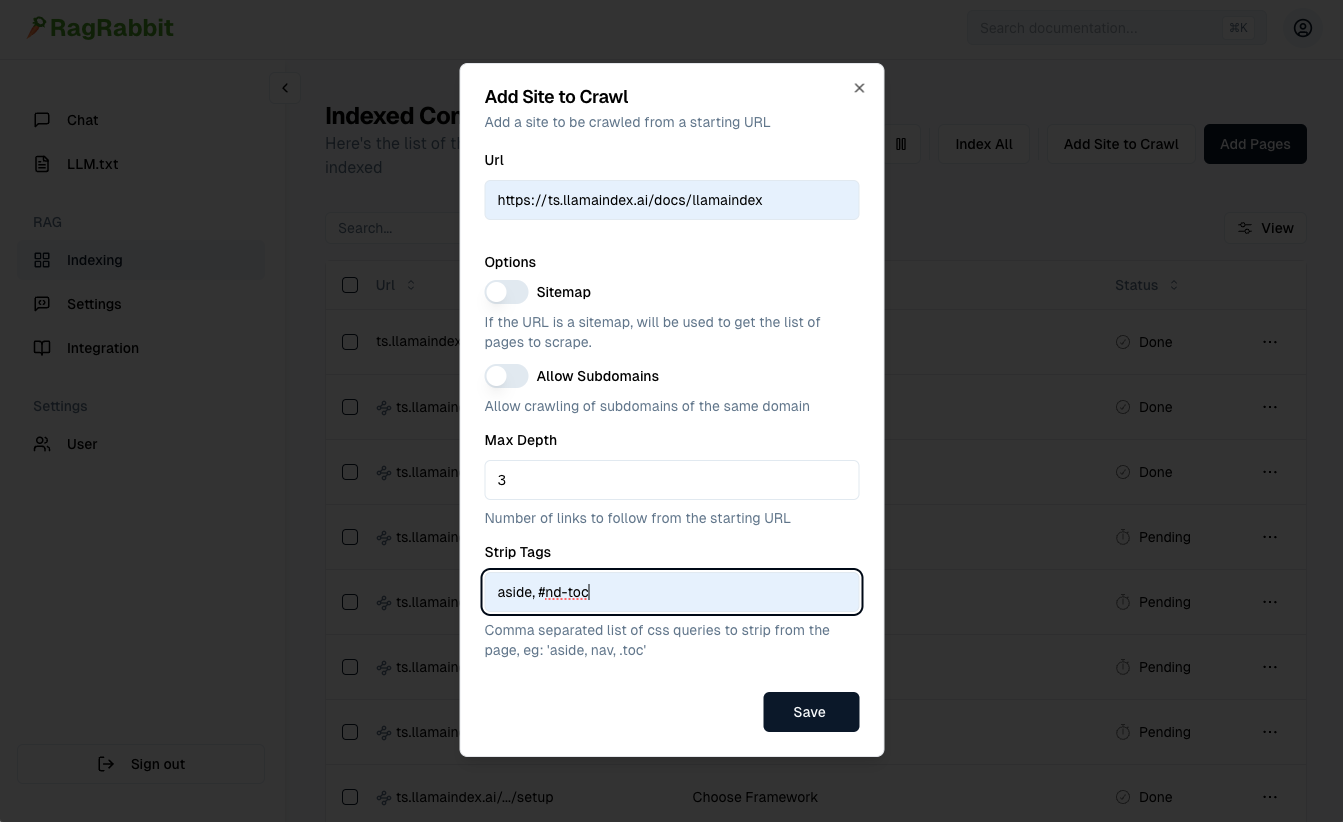 RagRabbit Crawl Modal