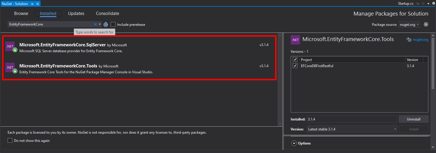 Package setup for EF Core