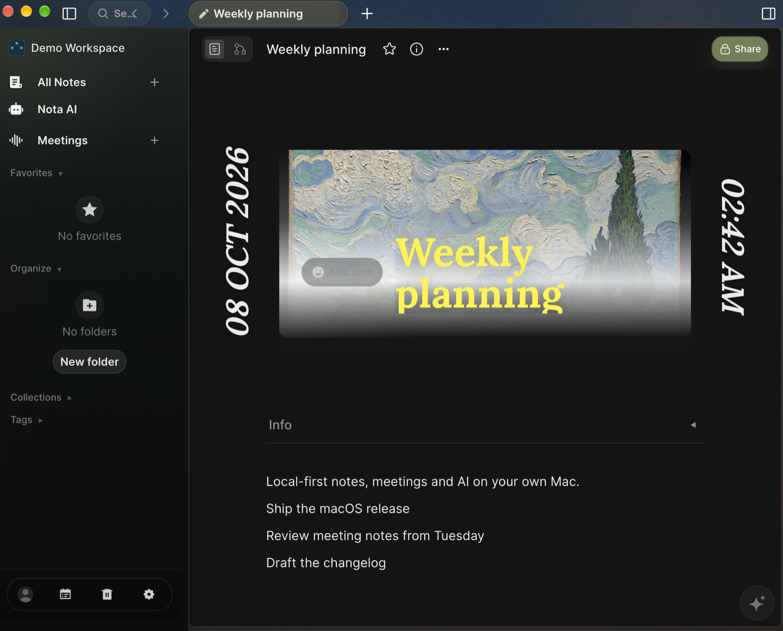Nota on macOS: a note open next to the sidebar with All Notes, Nota AI and Meetings