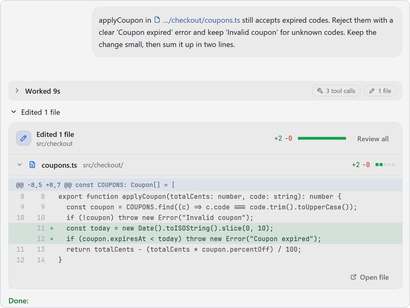 A chat showing the agent's code change as a diff