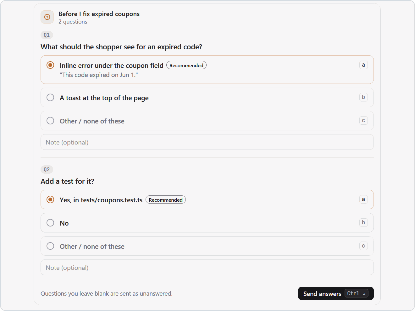 A question form in the chat with clickable choices, Recommended badges and a Send answers button