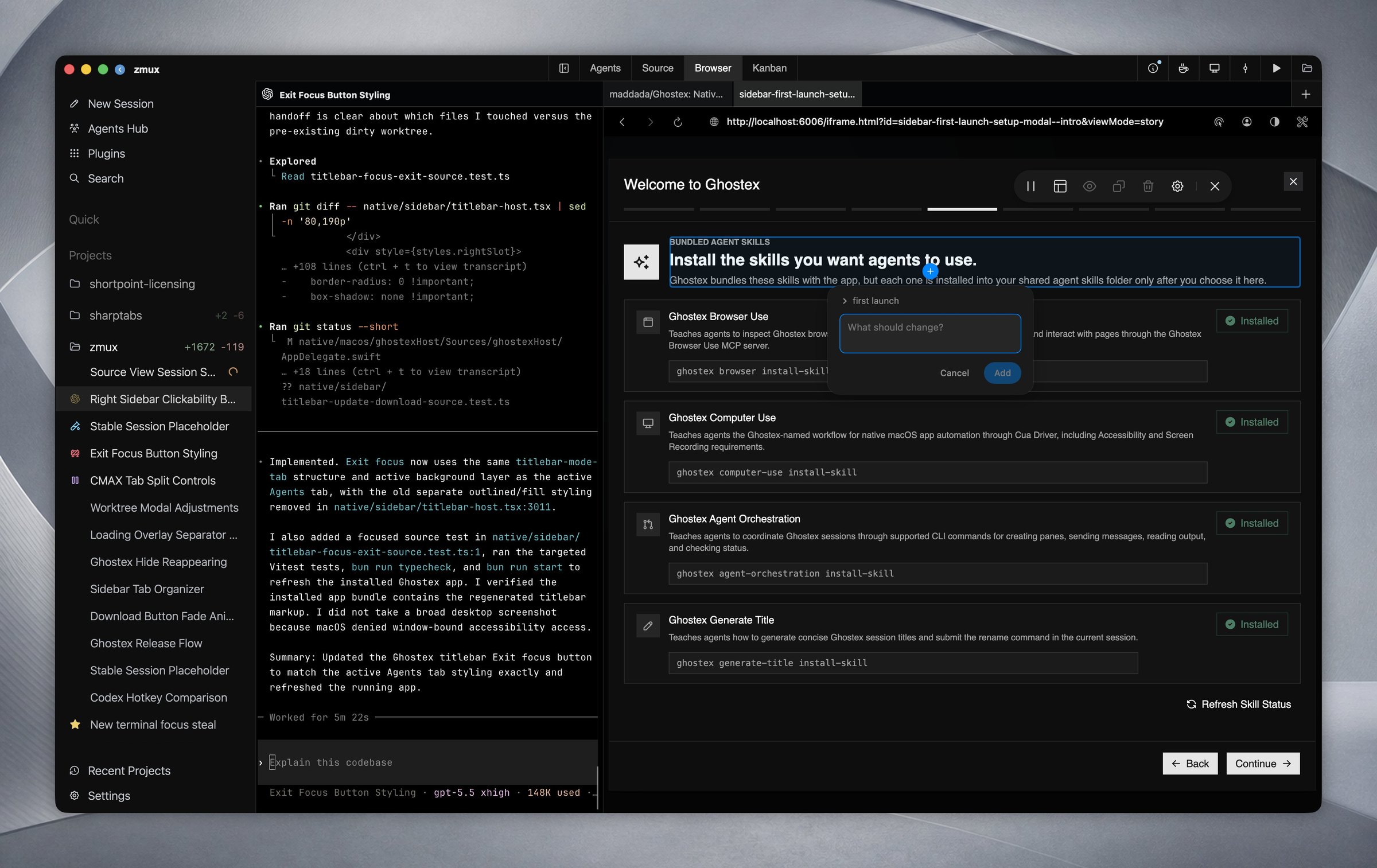 Embedded browser showing a Storybook page with an annotation popup next to a Codex session