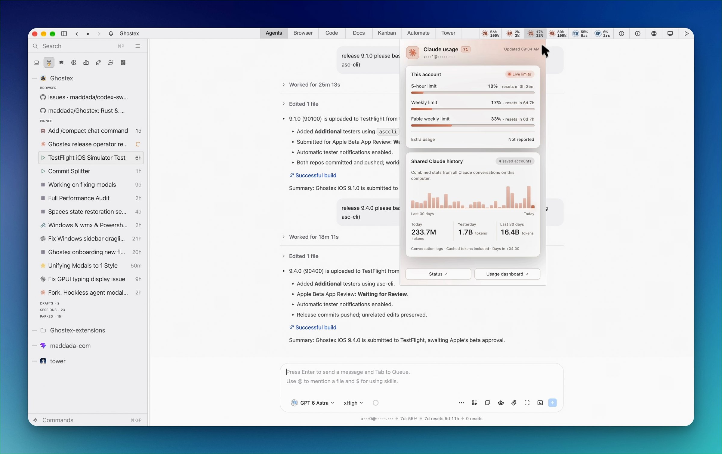 A Claude Code session in the chat view, with the usage card open
