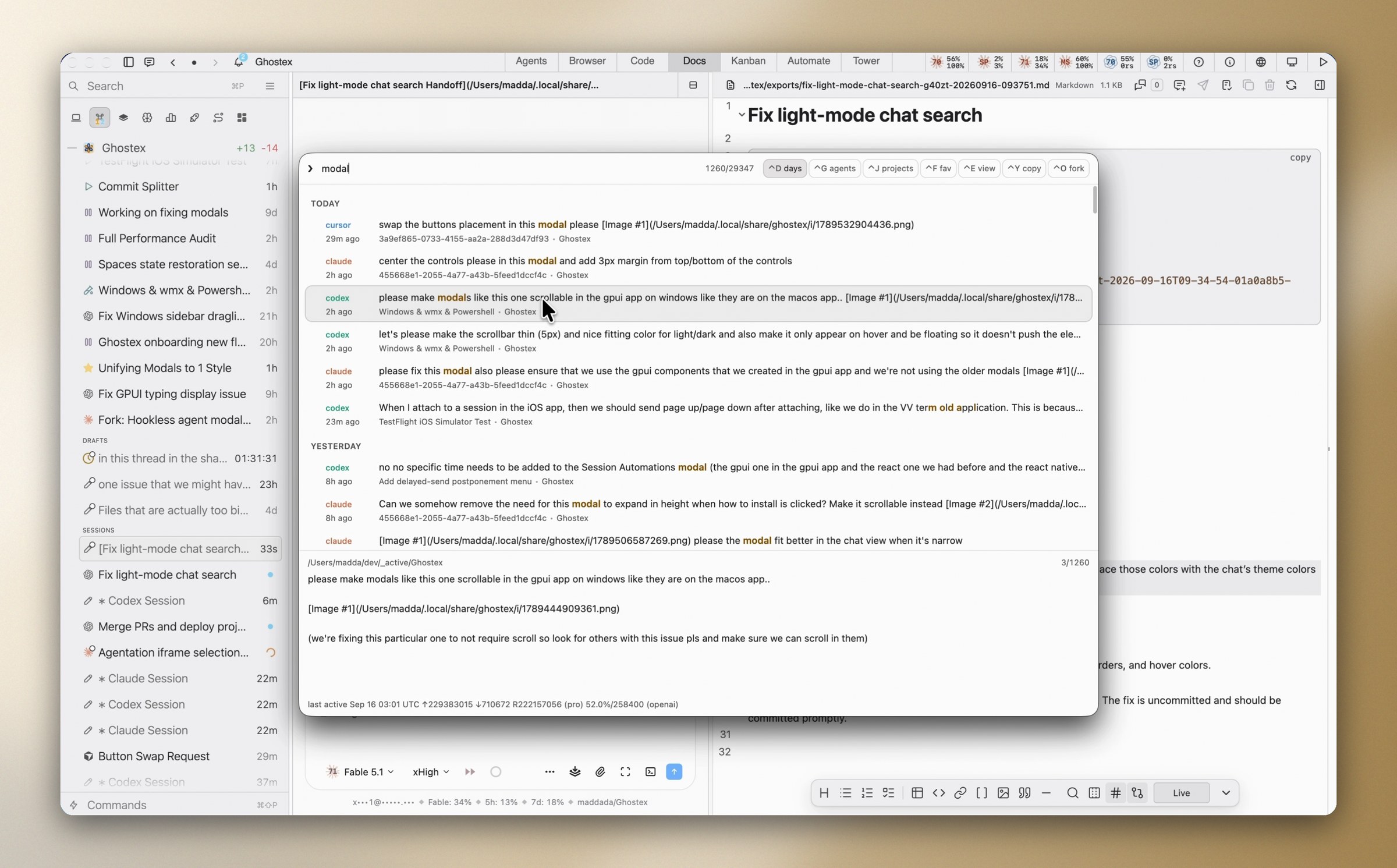 Session search with a query typed and matching prompts from every agent listed
