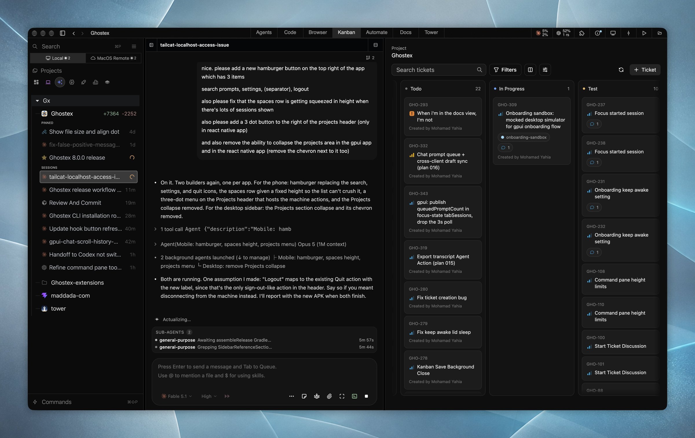 Ghostex running a Claude session as a chat GUI next to the Kanban board, with local and remote projects in the sidebar